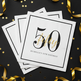 Witte 50e verjaardagsfeestje zwart goud chic servet