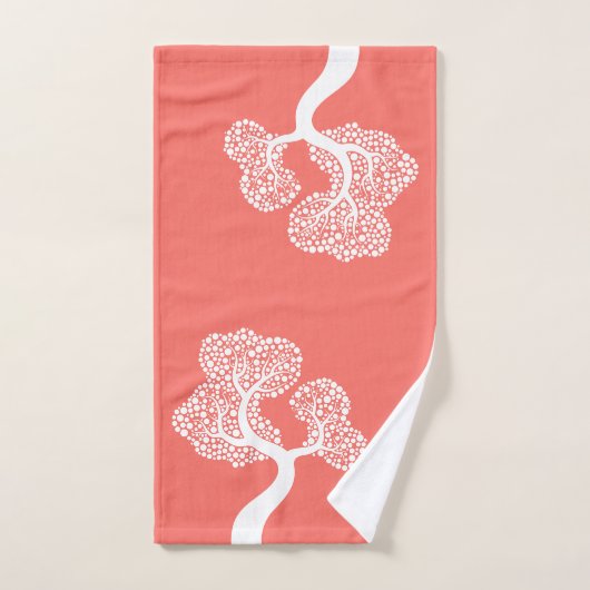Witte abstracte cirkelboom en naam levend koraal bad handdoek (Handdoek)