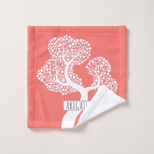 Witte abstracte cirkelboom en naam levend koraal bad handdoek (Wasdoekje)