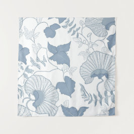 Witte achtergrond Delicate Blauwe Japanse Bloemen Wandkleed