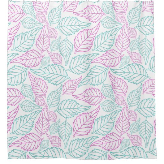 Witte achtergrond met Paarse en groene bladeren Douchegordijn (Voorkant)