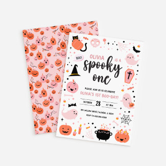 Witte achtergrond roze en oranje Halloween 1e verj Kaart