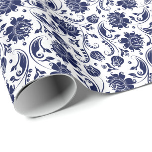 Witte achtergrond van Elegant Blue Floral Damasval Cadeaupapier