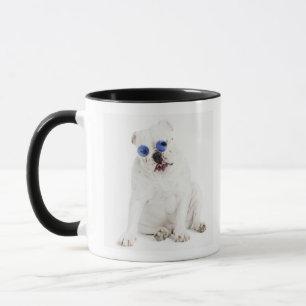 witte achtergrond, witte stierenhond, blauw gekleu mok