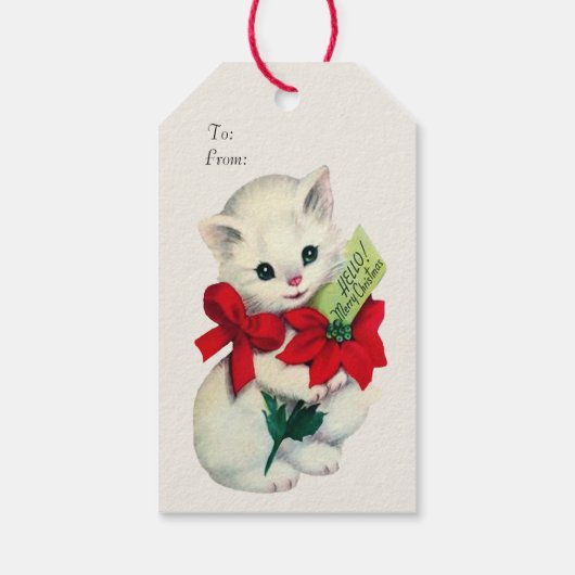Witte Adorable Retro Kerst Katje Rood Lint Cadeaulabel (Achterkant)