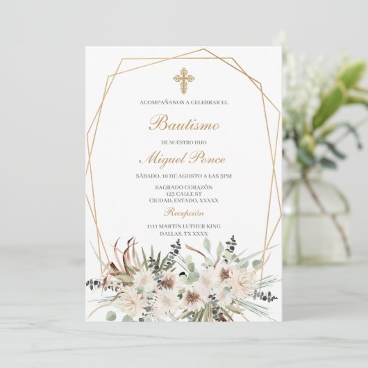 Witte alcohol doop Spaanse uitnodiging (Staand voorkant)