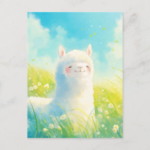 Witte Alpaca in Zonnige Weide met Wilde Bloemen Briefkaart