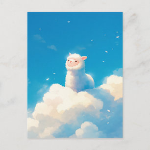 Witte Alpaca zittend op wollige wolk Blauwe lucht Briefkaart