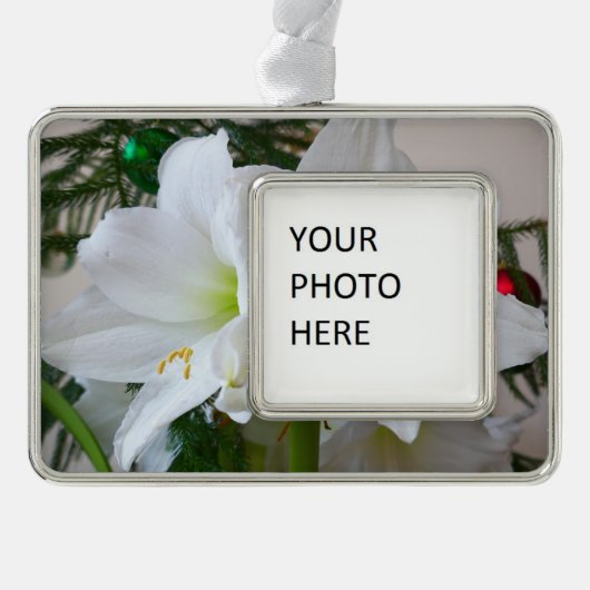 Witte amaryllis en kerstboom verzilverd kader ornament (Voorkant)