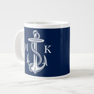  witte anchor Rope Navy Blauwe Achtergrond Grote Koffiekop