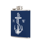 witte anchor Rope Navy Blauwe Achtergrond Heupfles (Links)