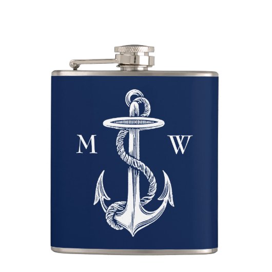 witte anchor Rope Navy Blauwe Achtergrond Heupfles (Voorkant)