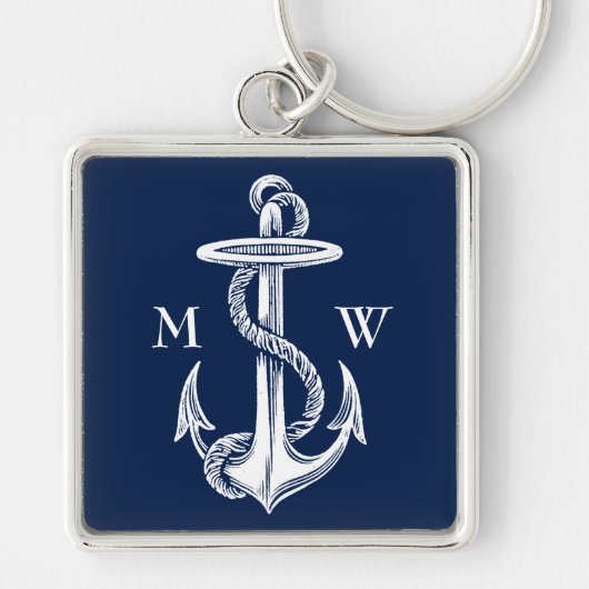 witte anchor Rope Navy Blauwe Achtergrond Sleutelhanger (Voorkant)