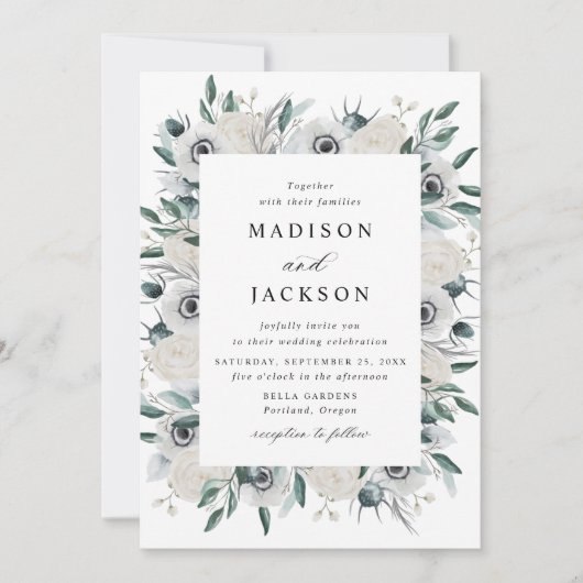 Witte Anemonen en Rozen Bloemenbruiloft Kaart (Voorkant)