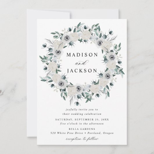 Witte Anemonen en Rozen Bloemenkrans Bruiloft Kaart (Voorkant)