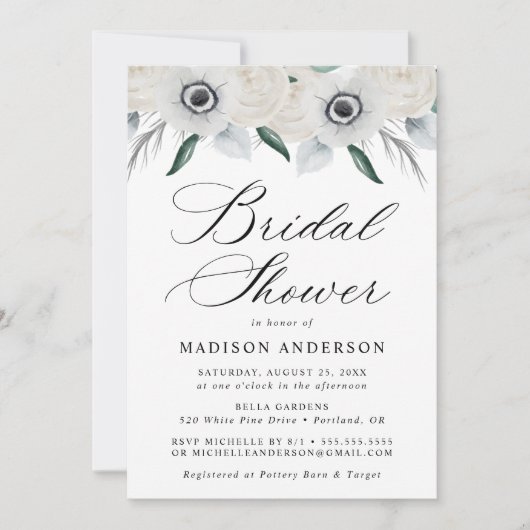Witte Anemonen en Rozen Bruidsdouche Uitnodiging (Voorkant)