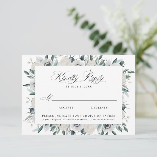 Witte Anemonen en Rozen Maaltijdkeuze Bruiloft RSV RSVP Kaartje (Staand voorkant)