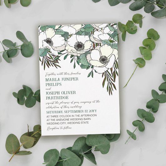 Witte Anemonen Eucalyptus Illustratie Huwelijk Kaart