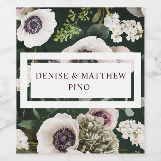 Witte Anemoon op Emerald Wijn Etiket (Enkel label)