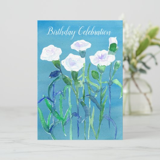 Witte Anjer Bloemen Verjaardagsfeest Uitnodiging (Staand voorkant)