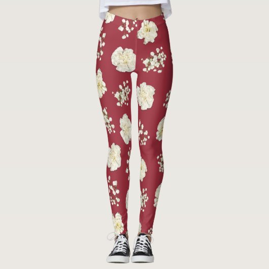 Witte anjerbloemen op rood gevlekt leggings (Voorkant)