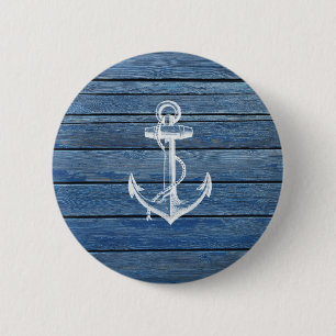 Witte anker en  blauw hout ronde button 5,7 cm
