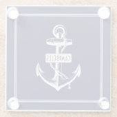 Witte anker, lijst met de naam marineblauw glazen onderzetter (Achterkant)