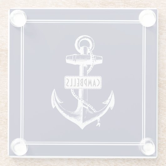 Witte anker, lijst met de naam marineblauw glazen onderzetter (Achterkant)
