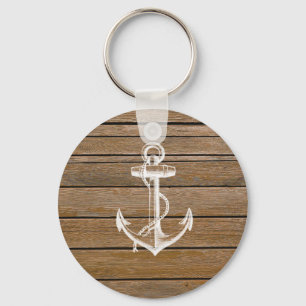 Witte anker roestbruin hout sleutelhanger