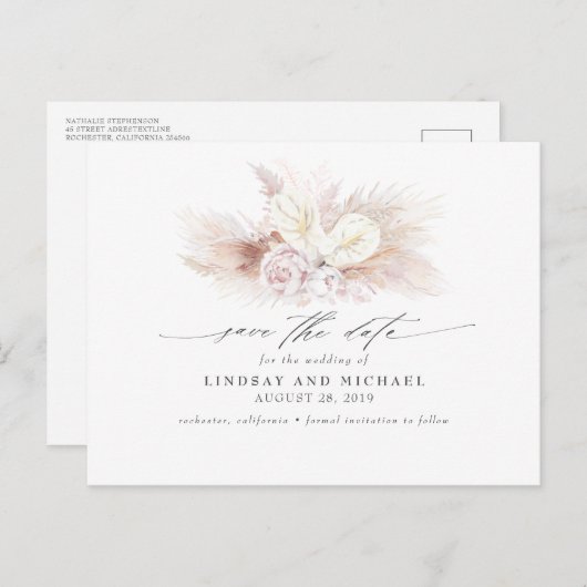 Witte Anthuriums en Pampas Grass Save the Date Briefkaart (Voorkant / Achterkant)