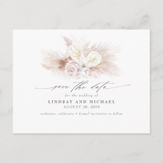 Witte Anthuriums en Pampas Grass Save the Date Briefkaart (Voorkant)