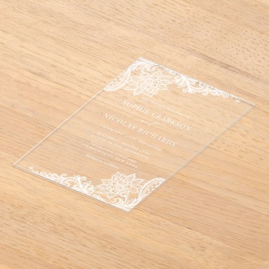 Witte  Antiek Kant Elegante bruiloft Acryl Uitnodigingen (Laagn)