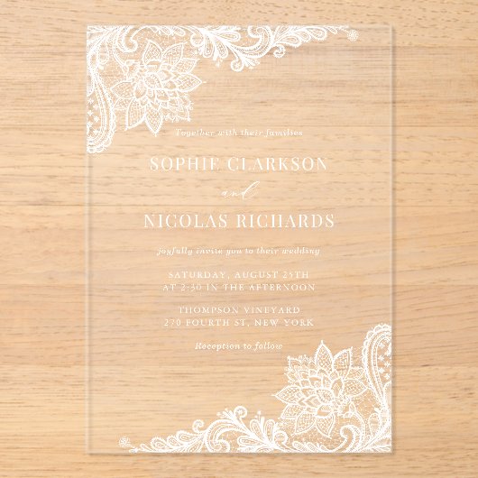 Witte  Antiek Kant Elegante bruiloft Acryl Uitnodigingen (Voorkant)