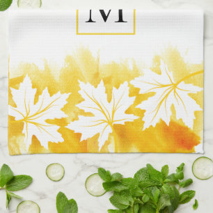 Witte appelbladgele waterverf wasmachine, monogram theedoek