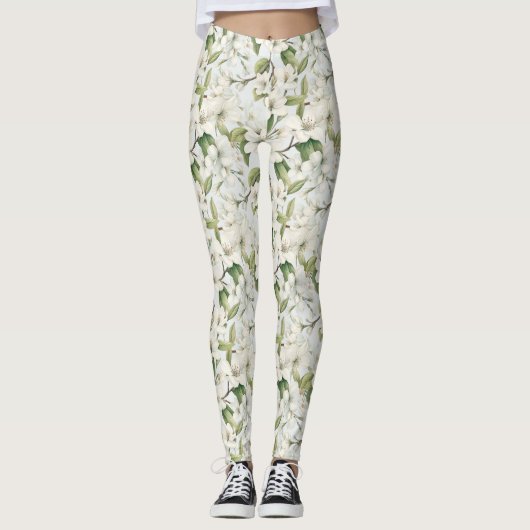 Witte Apple Blossom Bloemen All-Over-Print Legging (Voorkant)