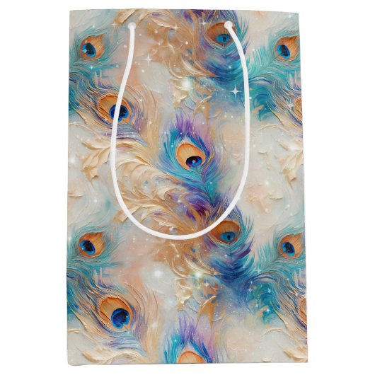 Witte Aqua gouden pauwenveren Medium Cadeauzakje (Voorkant)