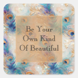 Witte Aqua gouden pauwenveren Vierkante Sticker