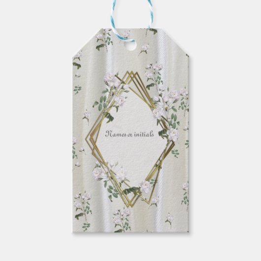 Witte aquarel Rozen geschilderd op Champagne Silk Cadeaulabel (Voorkant)