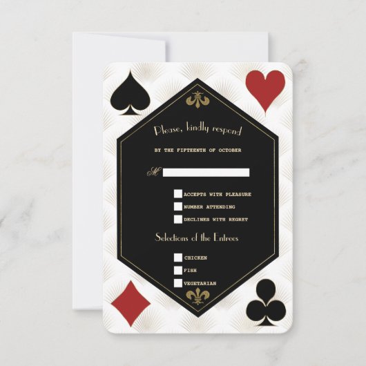 Witte Art Deco Gatsby Casino Vegas Poker Huwelijk  RSVP Kaartje (Voorkant)