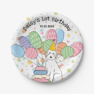 Witte Aussiedoodle Verjaardagsfeestje Papier Borde Papieren Bordje