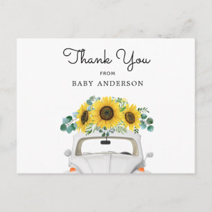 Witte auto en zonnebloemen dank u briefkaart