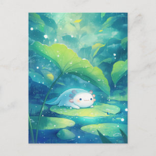 Witte Axolotl die schuilt onder groene waterlelieb Briefkaart