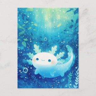 Witte Axolotl Zwemt in Diepe Blauwe Borrelende Oce Briefkaart