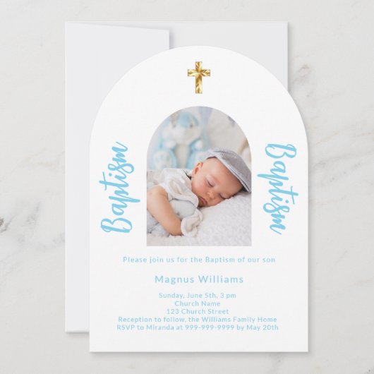Witte baby blauwe foto boog script jongen Doop Kaart (Voorkant)