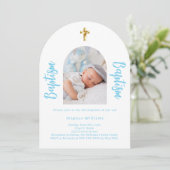 Witte baby blauwe foto boog script jongen Doop Kaart (Staand voorkant)