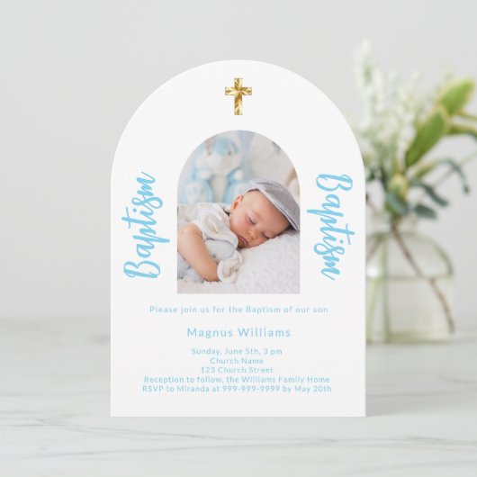 Witte baby blauwe foto boog script jongen Doop Kaart (Staand voorkant)
