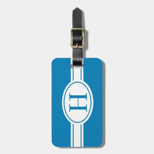 Witte band en ovaalschild met monogram op blauw bagagelabel (Voorkant verticaal)