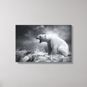 Witte Beer Hunter op ijs in water Canvas Afdruk