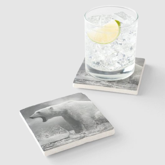 Witte Beer Hunter op ijs in water Stenen Onderzetter (Zijkant)