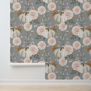 Witte beige dahlia bloemen, kruiden en pompoen behang